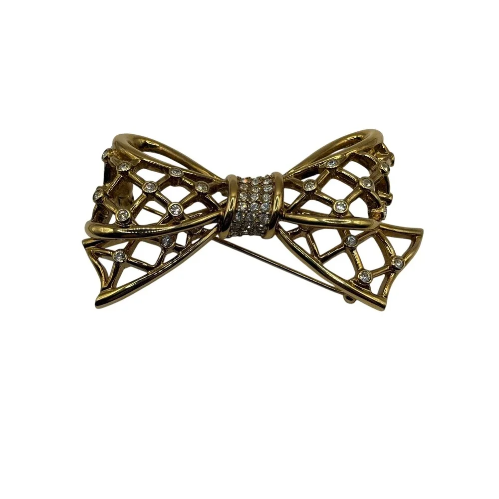 Swan Signed SWAROVSKI Open Bow Brooch Pin Icy Clear Crystals‎ Gold Tone Ribbon
